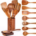 Mooues 9 Piece Natural Teak Wooden Kitchen Utensil Set with Spoon Rest - Comfort Grip Cooking Spoons and Utensils Holder - Image 2