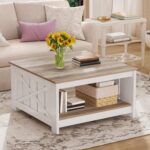 DWVO Square Coffee Table for Living Room, Farmhouse Coffee Table with Storage, 2-Tier Wood Coffee Tables Center Table with Half Open Storage Compartment, Grey Wash - Image 2