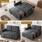 DWVO 55" Convertible Sofa Bed, 3-in-1 Sleeper Sofa with Pull-Out Bed, Linen Futon Couch with Adjustable Backrest and Side Pocket, Modern Loveseat for Living Room Apartment, Grey - Image 9
