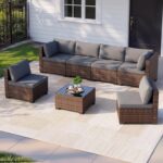 Qsun 7 Pieces Patio Furniture Set, Outdoor Sectional Rattan Sofa Set, Wicker Patio Conversation Set with Cushions and Glass Coffee Table, for Balcony, Porch, Garden, Grey - Image 8
