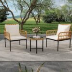 GAOMON 3 Pieces Outdoor Patio Furniture Set with Table, All Weather Rattan Chair Parlor Set, 2 Cushioned Wicker Chairs and Glass Coffee Round Table for Porch Backyard Lawn Poolside Deck, Beige - Image 8