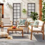 Flamaker Patio Furniture 4 Piece Outdoor Acacia Wood Patio Conversation Sofa Set with Table & Cushions Porch Furniture for Deck, Balcony, Backyard - Image 3