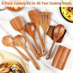 Mooues 9 Piece Natural Teak Wooden Kitchen Utensil Set with Spoon Rest - Comfort Grip Cooking Spoons and Utensils Holder - Image 8