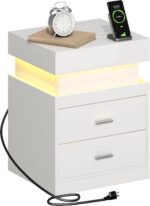 ChooChoo LED Nightstand with Charging Station, Smart Night Stand with Sliding Top Storage, 2-Drawers High Gloss Bedside Table, Modern End Table for Bedroom,White - Image 9