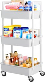Pipishell 3 Tier Rolling Cart Organizer, Plastic Rolling Cart with Lockable Wheels & Reinforced Handle, Lightweight Utility Cart Storage Cart for Nursery, Kitchen, Bathroom, Craft Room, White, PIUC14W - Image 2
