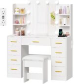 BEWISHOME Makeup Vanity Desk with Mirror and Lights White Vanity Table with Glass Top Power Outlet Stool,Makeup Desk with 9 Drawers and 4 Storage Shelves,Dressing Table for Bedroom Women FST39W - Image 6
