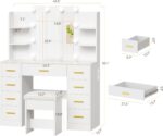 BEWISHOME Makeup Vanity Desk with Mirror and Lights White Vanity Table with Glass Top Power Outlet Stool,Makeup Desk with 9 Drawers and 4 Storage Shelves,Dressing Table for Bedroom Women FST39W - Image 8