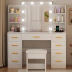 BEWISHOME Makeup Vanity Desk with Mirror and Lights White Vanity Table with Glass Top Power Outlet Stool,Makeup Desk with 9 Drawers and 4 Storage Shelves,Dressing Table for Bedroom Women FST39W - Image 9
