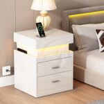 ChooChoo LED Nightstand with Charging Station, Smart Night Stand with Sliding Top Storage, 2-Drawers High Gloss Bedside Table, Modern End Table for Bedroom,White - Image 8