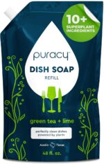 Puracy Natural Dish Soap Refill - Skin-Softening Plant-Based Liquid Dishwashing Detergent Soap, Clean-Rinsing Water-Sheeting Formula (Green Tea & Lime, 48 fl oz) - Image 2