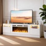 70" Fireplace TV Stand for TVs Up to 80",Entertainment Center with 36” Electric Fireplace and 12 Colors LED Lights,Large TV Console with Storage Cabinet for Living Room,All White - Image 2