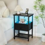 LOAKEKEL LED Night Stand with Charging Station, Small Bedside Table with USB Ports & Outlets, Fabric Storage Drawer with PU Finish for Bedroom, Black, HETS01BK-1 - Image 4
