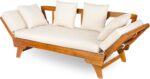Merax Outdoor Patio Daybed Sofa,3-Seat Sofa with Foldable Arm 4 Back Pillows,Teak Acacia Wood Frame Beige Removable Cushion,Teak+ Beige - Image 4