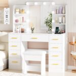 BEWISHOME Makeup Vanity Desk with Mirror and Lights White Vanity Table with Glass Top Power Outlet Stool,Makeup Desk with 9 Drawers and 4 Storage Shelves,Dressing Table for Bedroom Women FST39W - Image 2