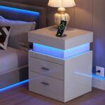 ChooChoo LED Nightstand with Charging Station, Smart Night Stand with Sliding Top Storage, 2-Drawers High Gloss Bedside Table, Modern End Table for Bedroom,White - Image 2