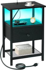 LOAKEKEL LED Night Stand with Charging Station, Small Bedside Table with USB Ports & Outlets, Fabric Storage Drawer with PU Finish for Bedroom, Black, HETS01BK-1 - Image 2