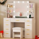 BEWISHOME Makeup Vanity Desk with Mirror and Lights White Vanity Table with Glass Top Power Outlet Stool,Makeup Desk with 9 Drawers and 4 Storage Shelves,Dressing Table for Bedroom Women FST39W - Image 10