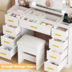 BEWISHOME Makeup Vanity Desk with Mirror and Lights White Vanity Table with Glass Top Power Outlet Stool,Makeup Desk with 9 Drawers and 4 Storage Shelves,Dressing Table for Bedroom Women FST39W - Image 4