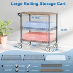 Leteuke Rolling Kitchen Carts with Wheels, 34" L x 17.5" W, 3-Tier Heavy Duty Utility Cart with Wood Tabletop, NSF Commercial Metal Serving Cart with Handle and Shelf Liner for Kitchen, Black - Image 4