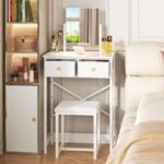X-cosrack Small Makeup Vanity Desk with Mirror & Chair, Mini Vanity Desk Table Set with Fabric Storage Drawer, 19.7" Compact Vanity Desk for Kids, Girls, Dressing Table with Chair for Bedroom, White - Image 11