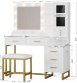 IRONCK Vanity Desk with Mirror and Lights, Makeup Vanity Table with 5 Drawers & Shelves, Power Outlet, Vanity Stool, Dressing Table with Jewelry Storage for Bedroom, White & Gold - Image 3