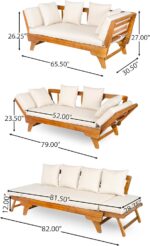 Merax Outdoor Patio Daybed Sofa,3-Seat Sofa with Foldable Arm 4 Back Pillows,Teak Acacia Wood Frame Beige Removable Cushion,Teak+ Beige - Image 11