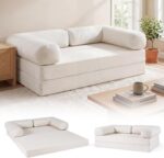 Giantex Folding Sofa Bed, 4-in-1 Convertible Futon Couch with Comfy Corduroy Cover & L-Shaped Removable Armrests, No Assembly Sponge Loveseat, Fold-Out Sleeper Bed for Living Room, Guest Room (Beige) - Image 2
