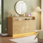MapleGrace 53'' Wide 9 Drawer Dresser for Bedroom, Wood TV Stand Dresser with Power Outlets & LED Light, Chest of Drawers Closet Store Organizer for Living Room, Hallway, Light Oak - Image 2