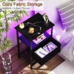 LOAKEKEL LED Night Stand with Charging Station, Small Bedside Table with USB Ports & Outlets, Fabric Storage Drawer with PU Finish for Bedroom, Black, HETS01BK-1 - Image 6