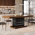 Tribesigns 63'' Dining Table for 4-6, Farmhouse Wooden Rectangular Dinner Table with Geometric Relief, Pedestal Base (Brown and Black) - Image 6