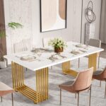 Tribesigns Modern Dining Table for 6-8 People, 70.8 Inches Long White Room Kitchen, Wood Kitchen with Gold Metal Legs, Rectangular Dinner Room, Family Gathering - Image 4