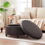30-Inch Round Storage Ottoman, Modern Ottoman Coffee Table with Removable Top for Living Room, Bedroom, Office (Brown) - Image 8