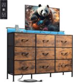 WLIVE Dresser TV Stand for 45, 50, 55 inch TV, Entertainment Center with LED Lights & Charging Station, Chest of Drawers with 9 Fabric Drawers and Open Shelves for Living Room, Hallway, Rustic Brown - Image 2