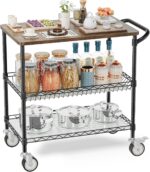 Leteuke Rolling Kitchen Carts with Wheels, 34" L x 17.5" W, 3-Tier Heavy Duty Utility Cart with Wood Tabletop, NSF Commercial Metal Serving Cart with Handle and Shelf Liner for Kitchen, Black - Image 2