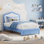 GarveeHome Upholstered Twin Bed Frame with Led Lights and Storage Drawer, Cute Velvet Led Bed Frame with Headboard for Kids, Girls, Boys, No Box Spring Needed, Wooden Slats, Noise Free, Blue - Image 4