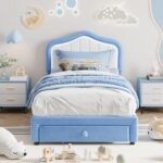 GarveeHome Upholstered Twin Bed Frame with Led Lights and Storage Drawer, Cute Velvet Led Bed Frame with Headboard for Kids, Girls, Boys, No Box Spring Needed, Wooden Slats, Noise Free, Blue - Image 2