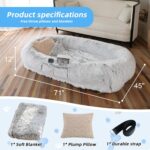 WROS Human Dog Bed - 71"x45"x12" Fits You & Pets, Washable Faux Fur, Orthopedic, Plump Pillow, Blanket, Strap - Grey - Image 6