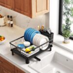 SNTD Dish Drying Rack - Space-Saving Dish Rack for Kitchen Counter, Stainless Steel Dish Drainer with Utensil Holder and Drainboard, 11" W x 15" L (Black) - Image 8
