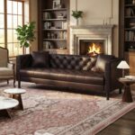 IDEALHOUSE Mid Century Modern Sofa 81 inch, Faux Leather Sofa 3 Seater, Apartment Sofa for Living Room, Chesterfield Tufted Couch with Deep Seats and 2 Pillows, Sectional Style Couch, Dark Brown - Image 2