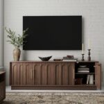 FORTUNETEC TV Stand for 75 Inch TV, Mid Century Modern TV Stand with Arched Design, Wood Grain Finish, Media Console with Adjustable Shelves, 67" Entertainment Center for Living Room Bedroom, Walnut - Image 7