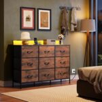 WLIVE Dresser TV Stand for 45, 50, 55 inch TV, Entertainment Center with LED Lights & Charging Station, Chest of Drawers with 9 Fabric Drawers and Open Shelves for Living Room, Hallway, Rustic Brown - Image 3
