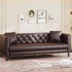 IDEALHOUSE Mid Century Modern Sofa 81 inch, Faux Leather Sofa 3 Seater, Apartment Sofa for Living Room, Chesterfield Tufted Couch with Deep Seats and 2 Pillows, Sectional Style Couch, Dark Brown - Image 4