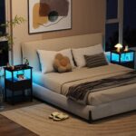 LOAKEKEL LED Night Stand with Charging Station, Small Bedside Table with USB Ports & Outlets, Fabric Storage Drawer with PU Finish for Bedroom, Black, HETS01BK-1 - Image 3