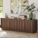 FORTUNETEC TV Stand for 75 Inch TV, Mid Century Modern TV Stand with Arched Design, Wood Grain Finish, Media Console with Adjustable Shelves, 67" Entertainment Center for Living Room Bedroom, Walnut - Image 2