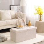 CUYOCA Storage Ottoman Bench Foldable Seat Footrest End of Bed Ottoman with Flipping Lid for Living Room, 75L, 30 inches Linen Fabric Beige - Image 3