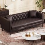 IDEALHOUSE Mid Century Modern Sofa 81 inch, Faux Leather Sofa 3 Seater, Apartment Sofa for Living Room, Chesterfield Tufted Couch with Deep Seats and 2 Pillows, Sectional Style Couch, Dark Brown - Image 3