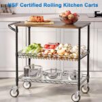 Leteuke Rolling Kitchen Carts with Wheels, 34" L x 17.5" W, 3-Tier Heavy Duty Utility Cart with Wood Tabletop, NSF Commercial Metal Serving Cart with Handle and Shelf Liner for Kitchen, Black - Image 3