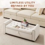 48" Ottoman with Storage, Tufted Storage Ottoman Bench, Convenient Living Room Fabrics Bench Seat, Entryway Shoe Benches with Inner Zipper & Arm, Upholstered Window Seat Ottomans with Rivets, Beige - Image 6