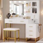 IRONCK Vanity Desk with Mirror and Lights, Makeup Vanity Table with 5 Drawers & Shelves, Power Outlet, Vanity Stool, Dressing Table with Jewelry Storage for Bedroom, White & Gold - Image 4