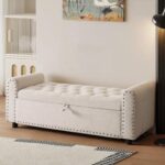 48" Ottoman with Storage, Tufted Storage Ottoman Bench, Convenient Living Room Fabrics Bench Seat, Entryway Shoe Benches with Inner Zipper & Arm, Upholstered Window Seat Ottomans with Rivets, Beige - Image 2